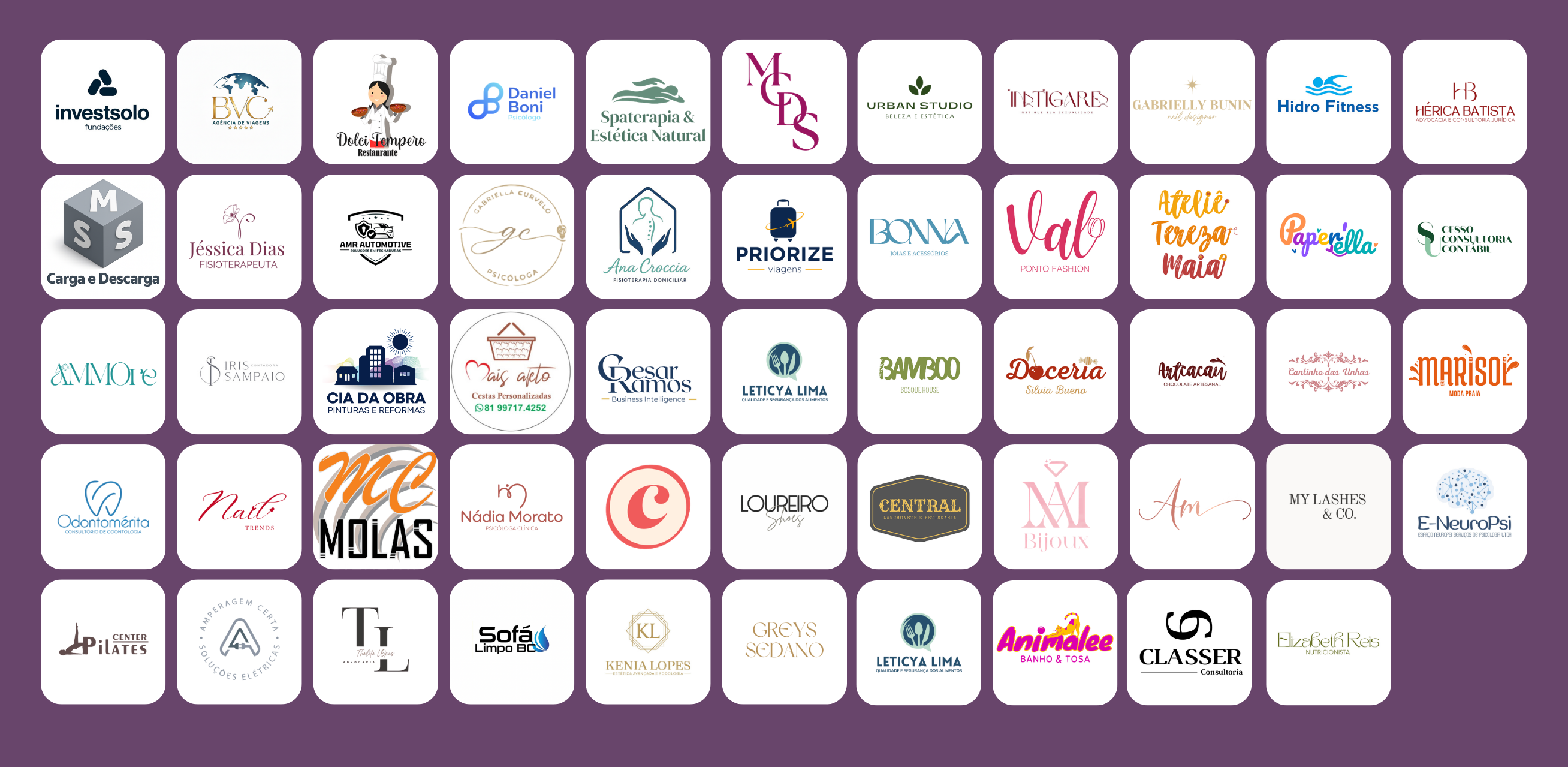 Logomarcas de clientes atendidos pela Ammodernare, incluindo InvestSolo, BVC Viagens, Dolci Tempero, Center Pilates, Priorize Viagens e outras marcas